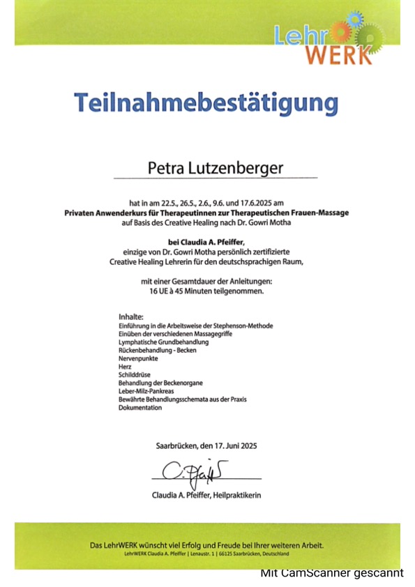 zertifikat-creative-healing Teilnahmezertifikat für Petra Lutzenberger - Creative Healing