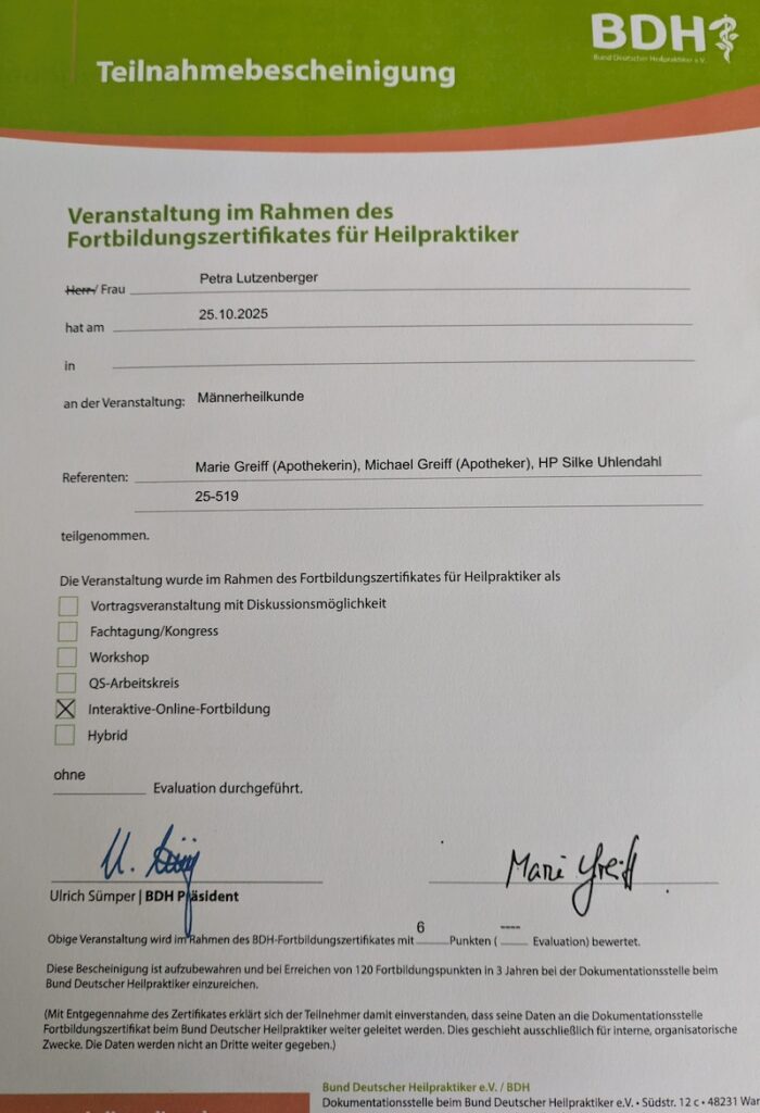 Zertifikat Fortbildung BDH Männerheilkunde