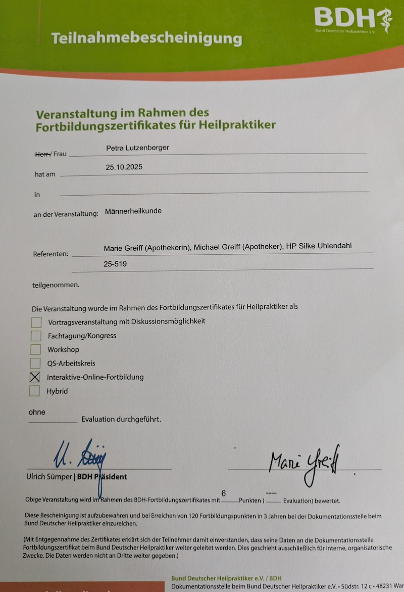 Zertifikat Fortbildung BDH Männerheilkunde